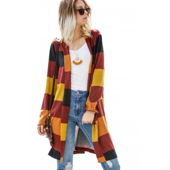 My Story Jackets & Blazers - My Story Striped Cardigan, Burgundy Size Medium